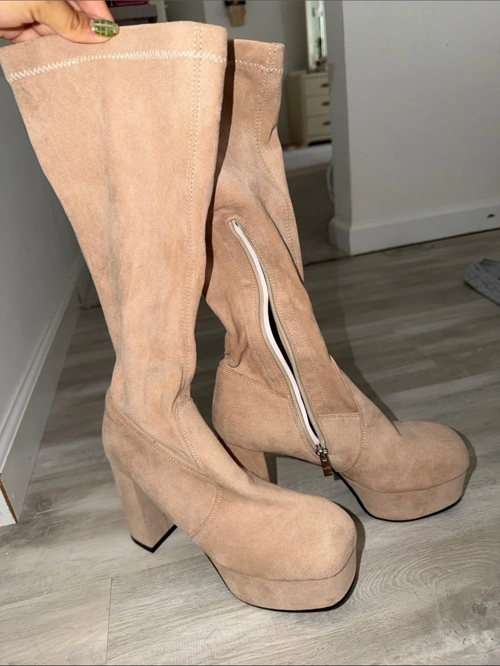 Beige Suede Platform Knee-High Boots - Women